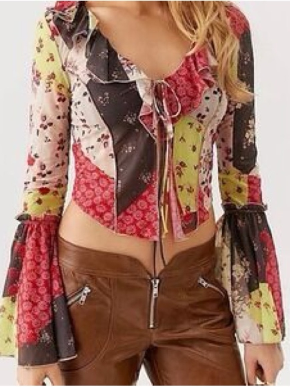 Urban Outfitters Patchwork Floral Tie-Front Crop Top in Red, Black & Lime